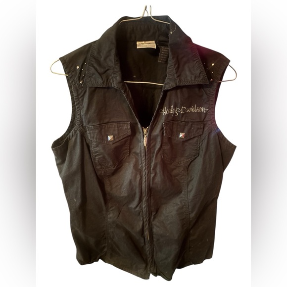 Harley-Davidson Jackets & Blazers - Vtg Moto Harley-Davidson Full-Zip Black Riders Vest with Silver Stud Accents